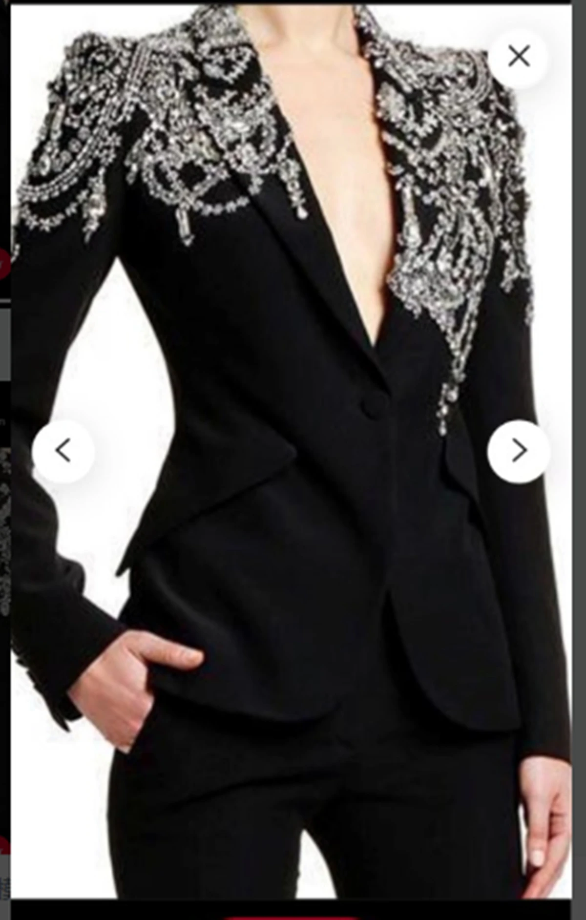 Elegant Women Crystal Beading Jacket Peaked Lapel Full Length 2 Pieces Set Slim Fit Black Blazer & White Pants