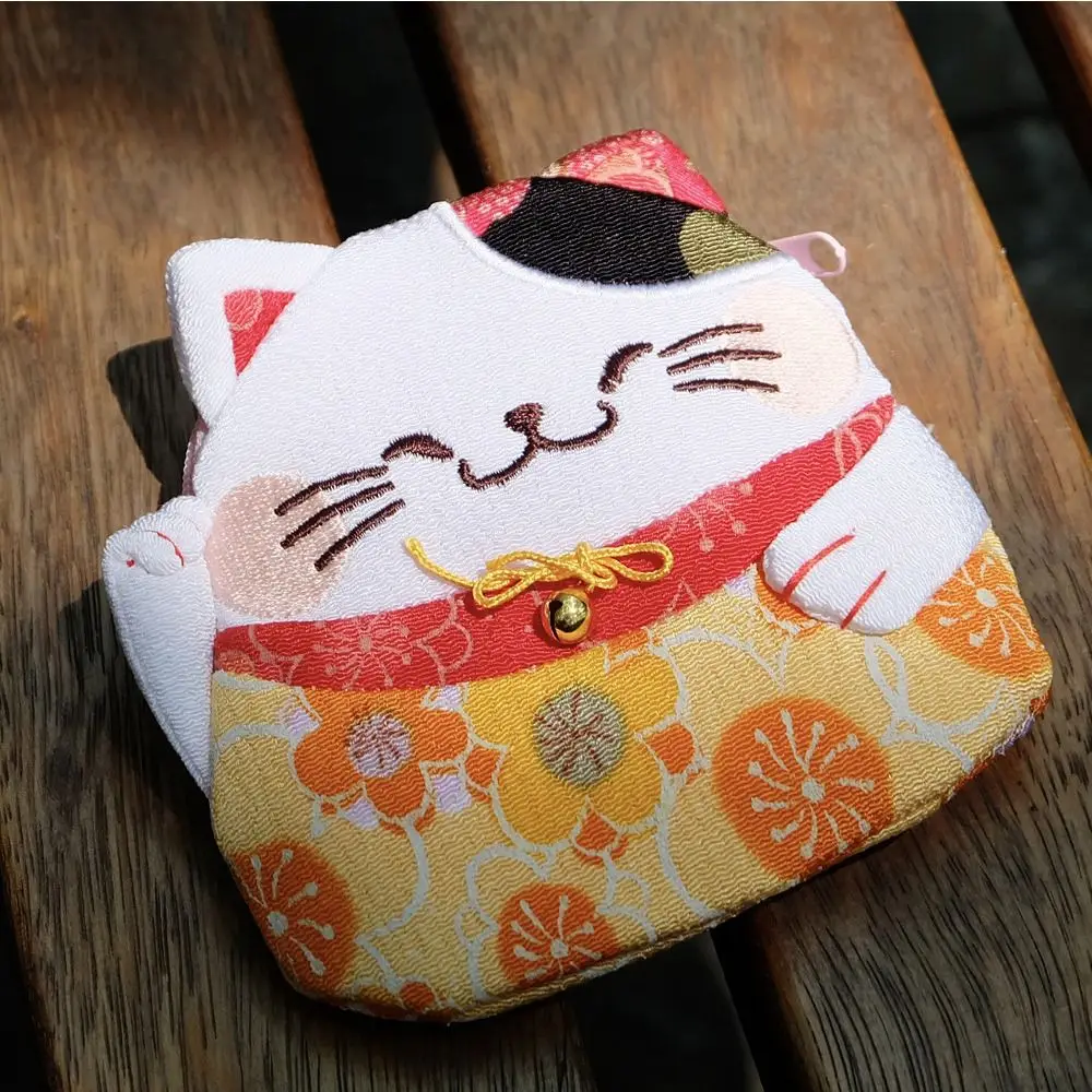 Retro Japanese Style Maneki Neko Coin Purse Zipper Flower Printing Lucky Cat Clutch Bag Storage Bag PU Card Holder Women
