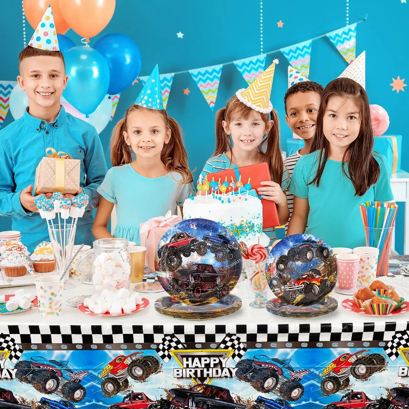 Nestvůra kamion kůzle narozeniny večírek zásoby jednorázové večírek nádobí závěsný swirl dort dekorace balónků závodní auto večírek decortio