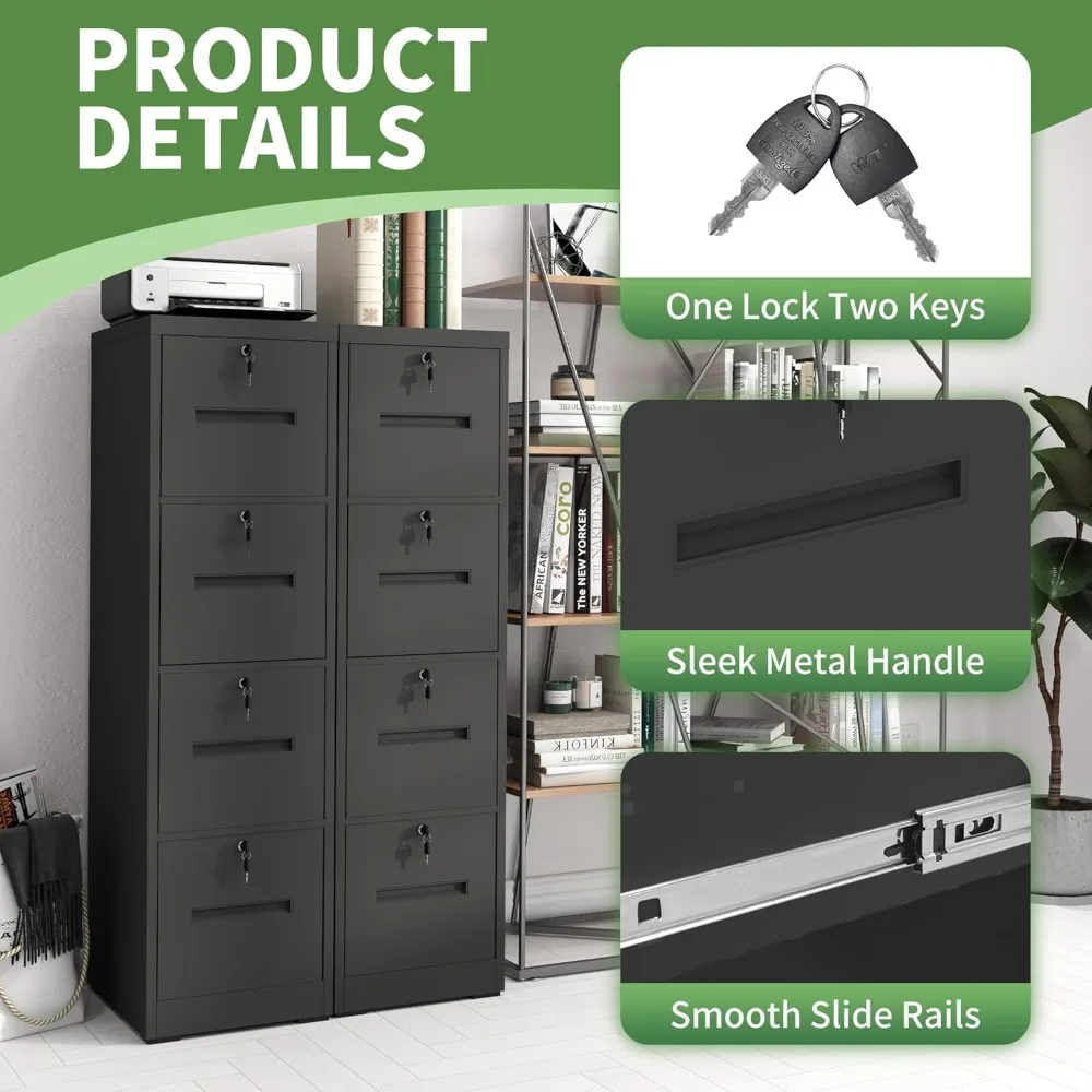 file cabinet 4 drawer with lock, vertical filing cabinets for home office, metal steel storage cabinet for letter/legal size fil