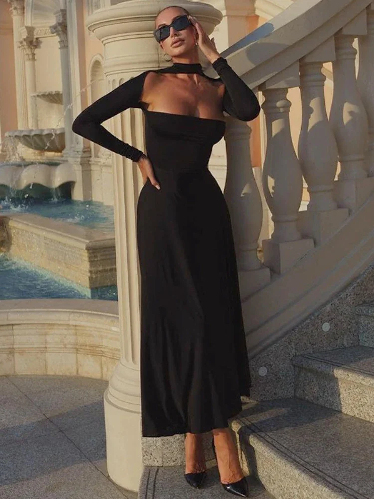 

Hollow Out Black Bodycon Dress Autumn Winter Long Sleeve Streetwear Sexy Dress Elegant Party Evening Maxi Dresses for Women 2023