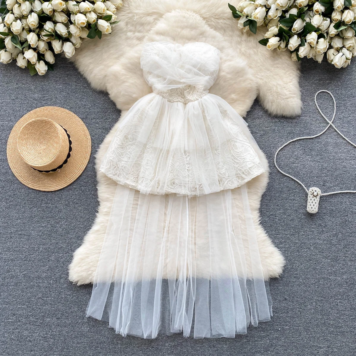 

Summer Sweet Mesh Stitching Openwork Lace A-line Dress Women New Fashion Sexy Sleeveless Fluffy Princess Clothes Vestidos K981