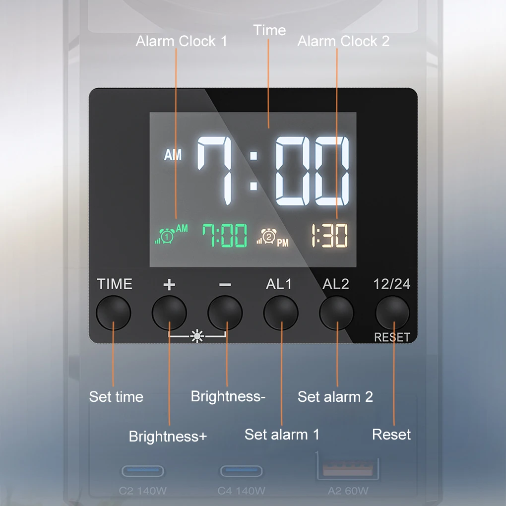 240W Charger Station All-in-one Digital Clock Alarm 4×140W PD3.1 PPS USB Type C Wireless Fast Charger for MacBook iPhone Samsung