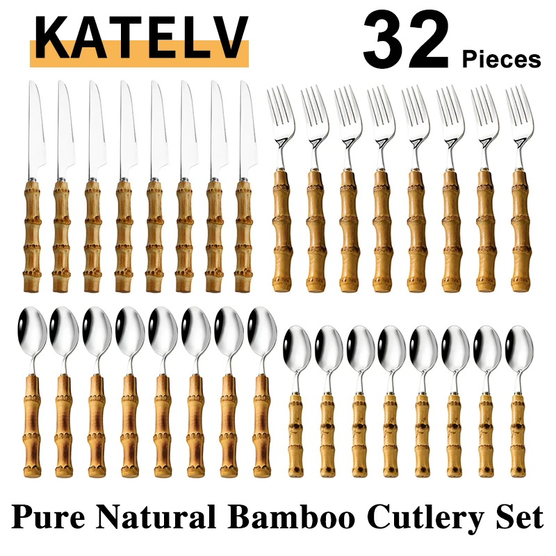 32Pcs Tableware Set Stainless Steel Purely Natural Bamboo Handle Flatware Set Dinnerware Steak Knife Cutlery Bamboo Cutlery Set