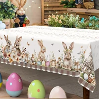 Cute Easter Themed Grey Rabbit Tablecloth - 1pc Spring Floral Print with Embossed Edge, Spring Outdoor Garden 1