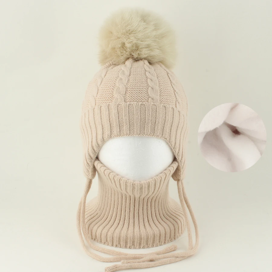 NEUE Winter Hohe Qualität Gestrickte Wolle Beanie Hut Hals Set Echtpelz Ball Hut Kinder Junge Mädchen Dicke Warme Fleece Outdoor Baby Mütze 1-6Y – Detail 9