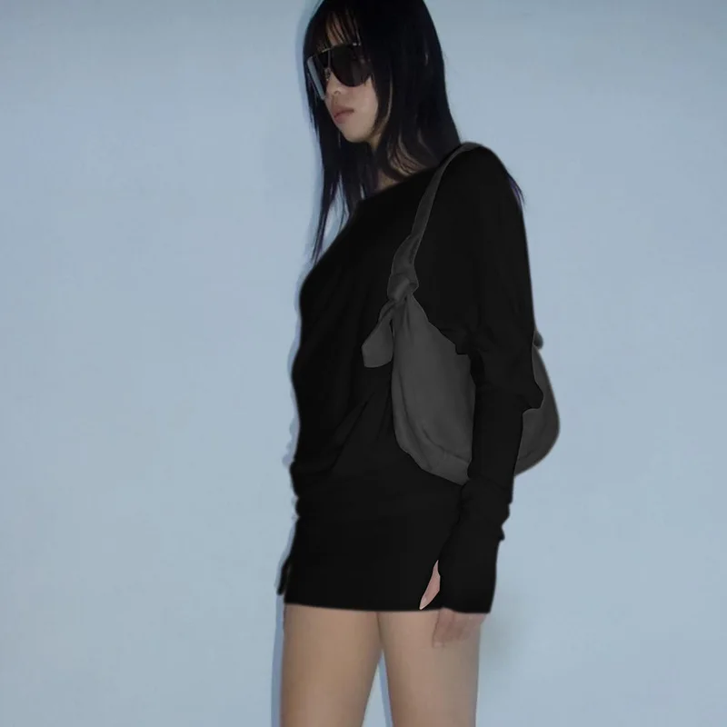 Fashion Off-Shoulder Patchwork Mini Dress Women Slim Long Sleeve High Waist Autumn Solid Dress Female Backless Dress