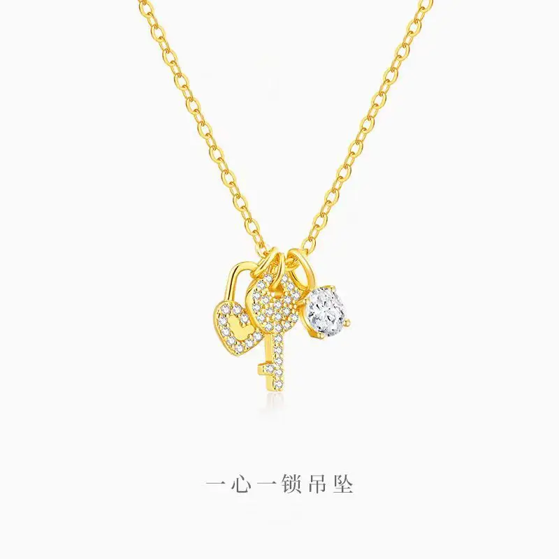 24K Gold AU999 Heart Lock & Key Pendant Necklace with Zircon, Women's Collarbone Chain, Luxury Couple Gift Set