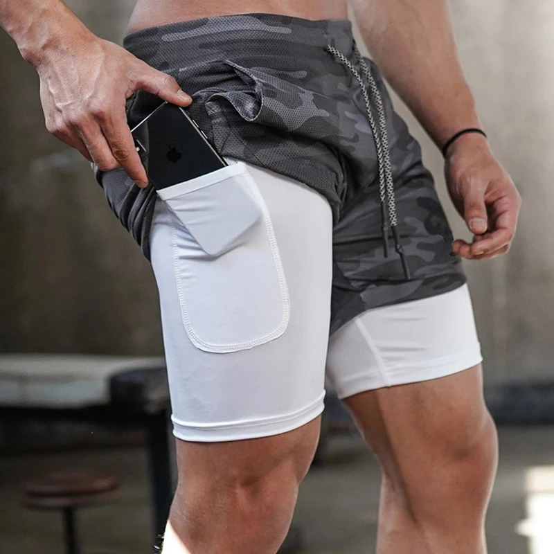 

2023 Camo Running Shorts Double-deck Gym Fitness Sport Shorts Breathable Sportswear Pant Bodybuilding Pants Cortos Deportivos