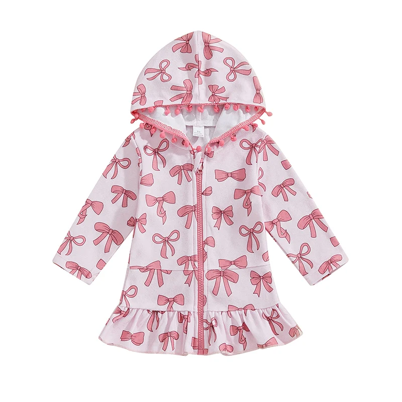 Girls Hooded Beach Robe Bow Print Long Sleeve Zipper Closure Loose Ruffled Hem Cover-Up