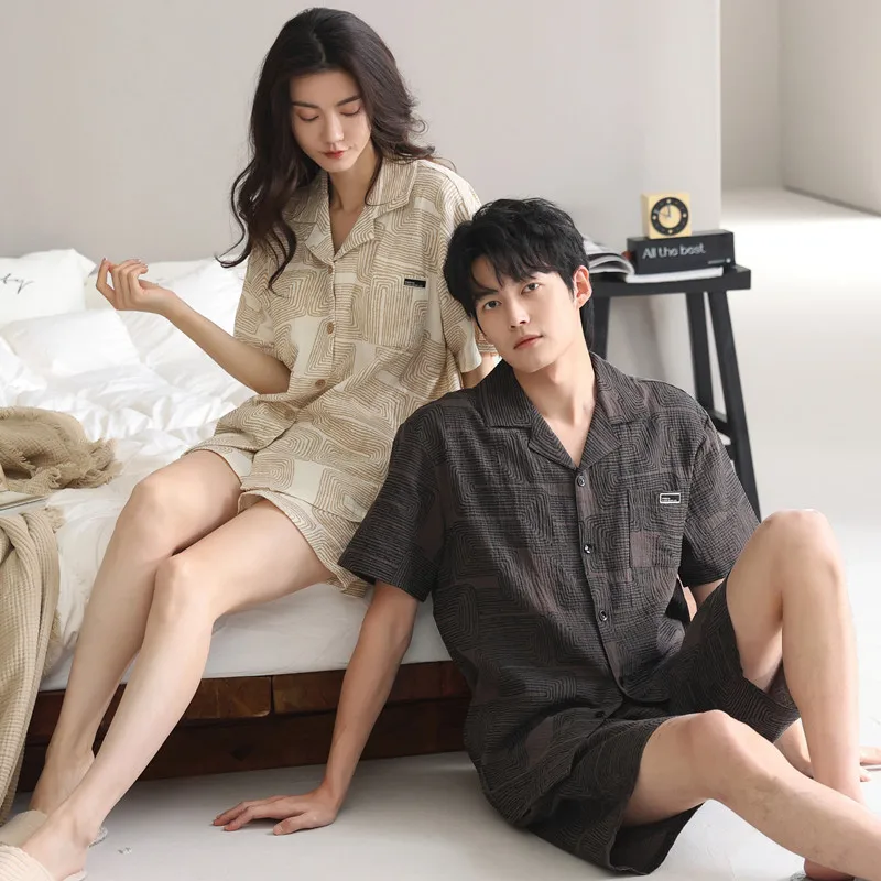 여성과 남성 매칭 코튼 잠옷 커플 여름 잠옷 세트 카디건 반팔 반바지 잠옷 Hombre Mujer Dropship