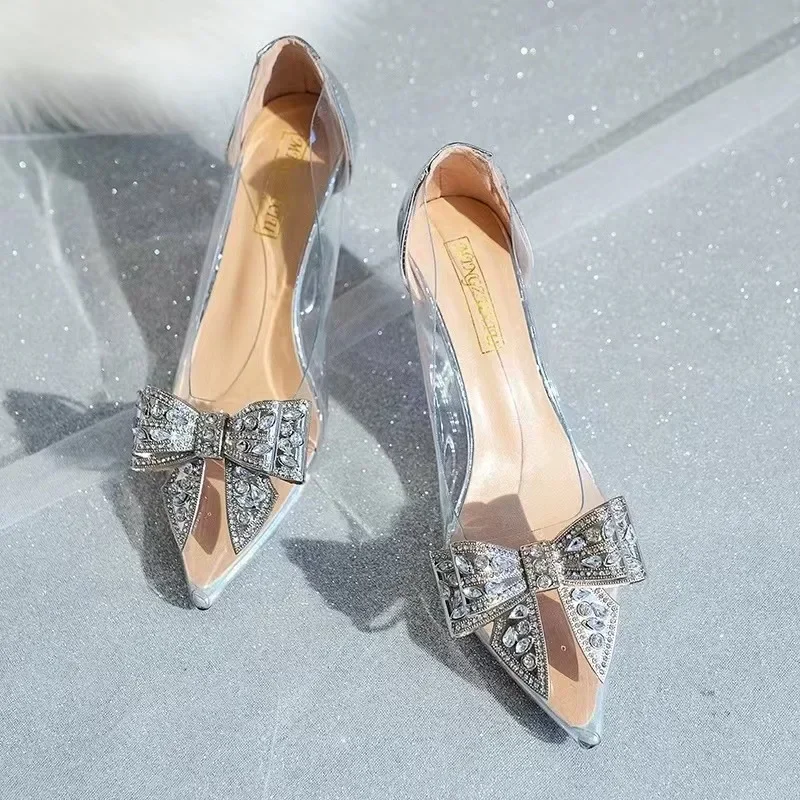 

New Pointed Ladies High Heels PVC Sandals Rhinestone Bow Elegant Luxurious High Heels Sandals 2024 Fashionable Women's Shoes