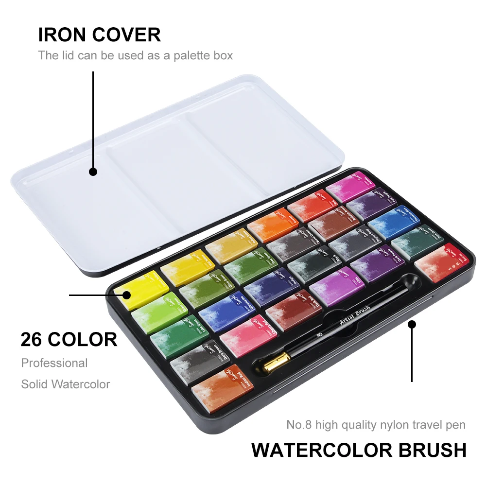 Watercolor Painting Set 26 Colors Full Pan Artist Grade Professional Solid Tin Box For School Art Supplies