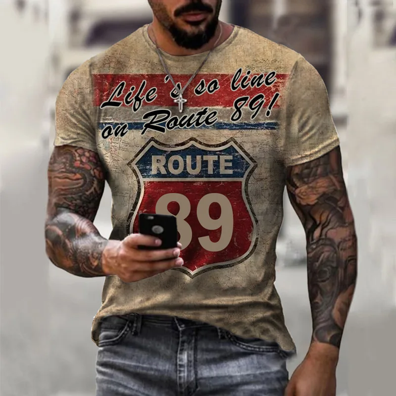 Summer New Men's Retro T-shirt US Route 66 Letter Print Short-Sleeved Oversized Loose y2k Clothes O Neck Top Streetwear 6xl