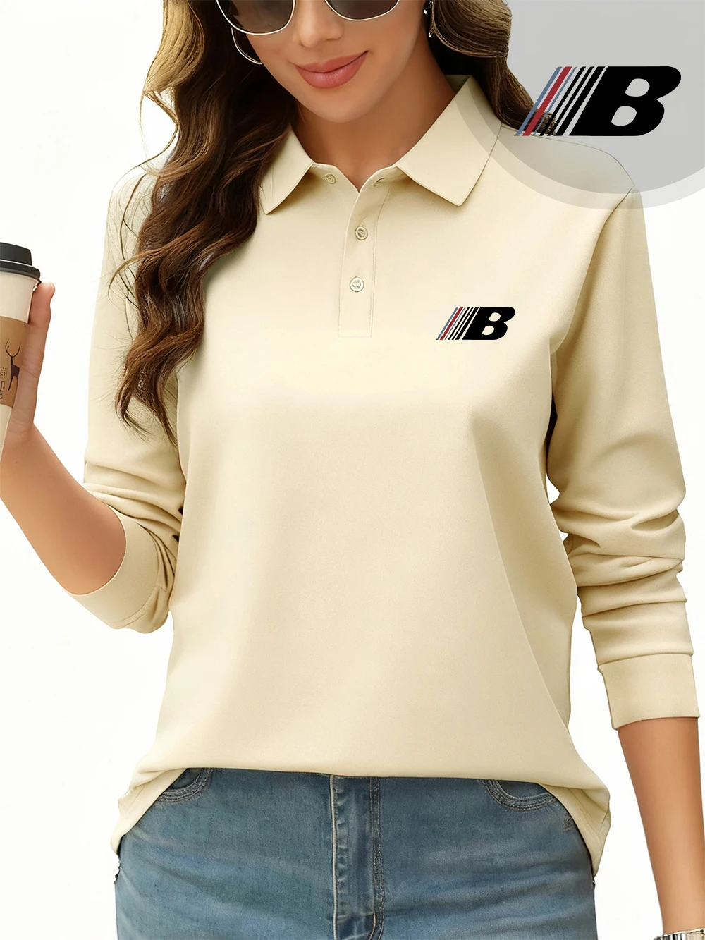 Polo imprimé lettre B pour femmes, hauts à revers respirants, T-Shirts à manches longues, vêtements sportifs de base pour femmes, printemps 1 Polo imprimé lettre B pour femmes, hauts à revers respirants, T-Shirts à manches longues, vêtements sportifs de base pour femmes, printemps 1