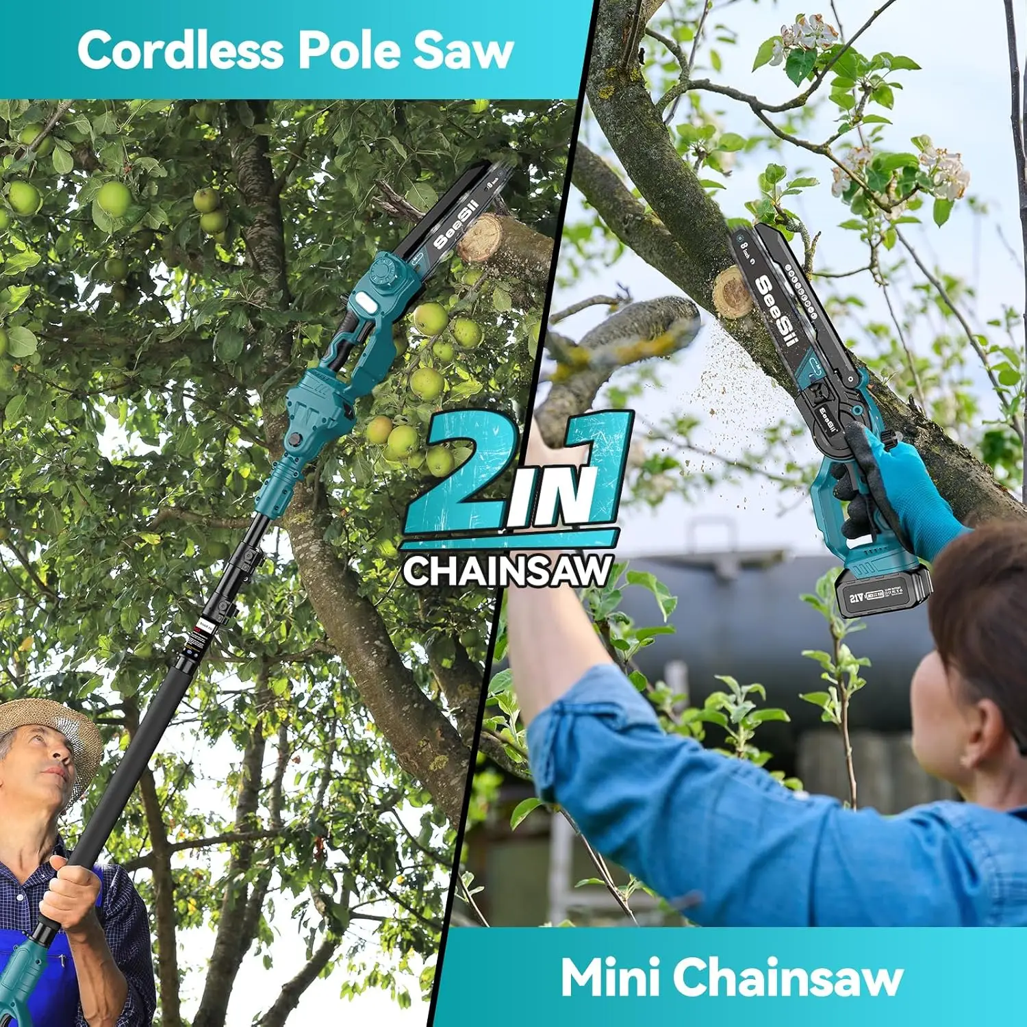 2 in 1 Cordless 8 inch Pole Saw Mini Chainsaw with 2 Battery Power Electric Polesaw for Tree Trimming Chain Saw Extension Pole