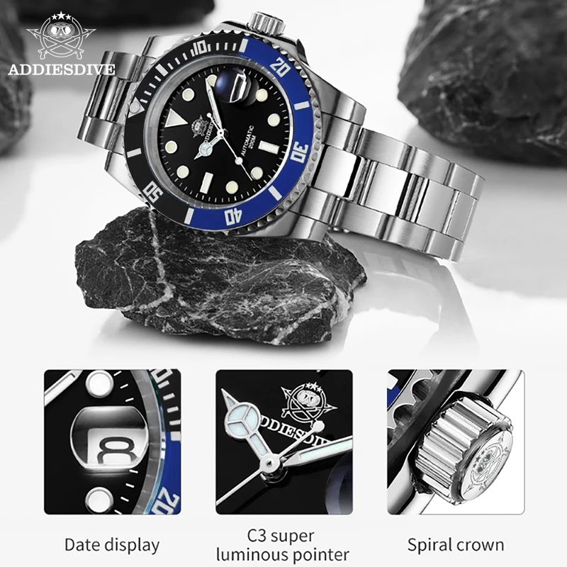 ADDIESDIVE Automatic Watch Men's Luxury Sapphire Mirror Ceramic Bezel Mechanical Watch 41MM Stainless Steel Waterproof Wristwa