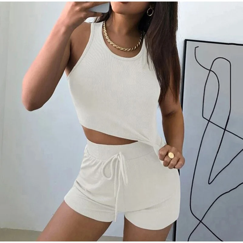 loungewear sets 2022 Sleeveless Bodycon Tank Top Short 2 Pieces Set Solid Skinny Ribbed Fashion Streetwear Tracksuit Sexy Women Y2K Party Club matching tracksuit set