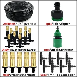 Outdoor Misting Cooling System with Brass Atomizer Nozzles and Hose for Garden and Patio Irrigation (25m)