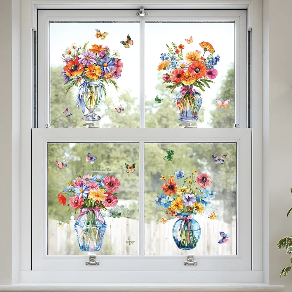 Watercolor Flower Vase Couplet Painting Glass Window Home Beautify Decoration Electrostatic Uv Window Sticker 4PCS window stickers