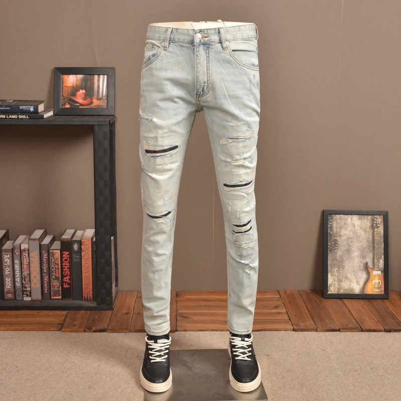 Summer Light Blue Ripped Patch Jeans Men Streetwear Casual Lightweight Vintage Slim Fit Denim Pants
