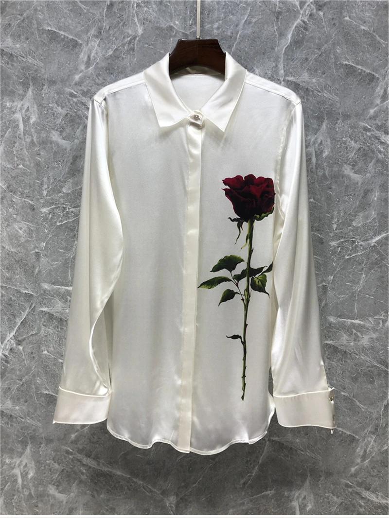 

100%Silk Shirts 2022 Autumn Style Women Turn-down Collar Red Rose Floral Prints Long Sleeve Elegant White Shirts Blouses Ladies