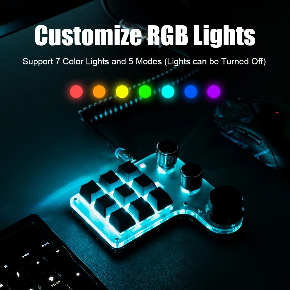 리시버 무선 커스텀 매크로 키보드, USB 미니 RGB 라이트 프로그램 게임 포토샵 레이어 핫스왑 키패드, 2.4G, 12, 15 키, 2, 3 노브