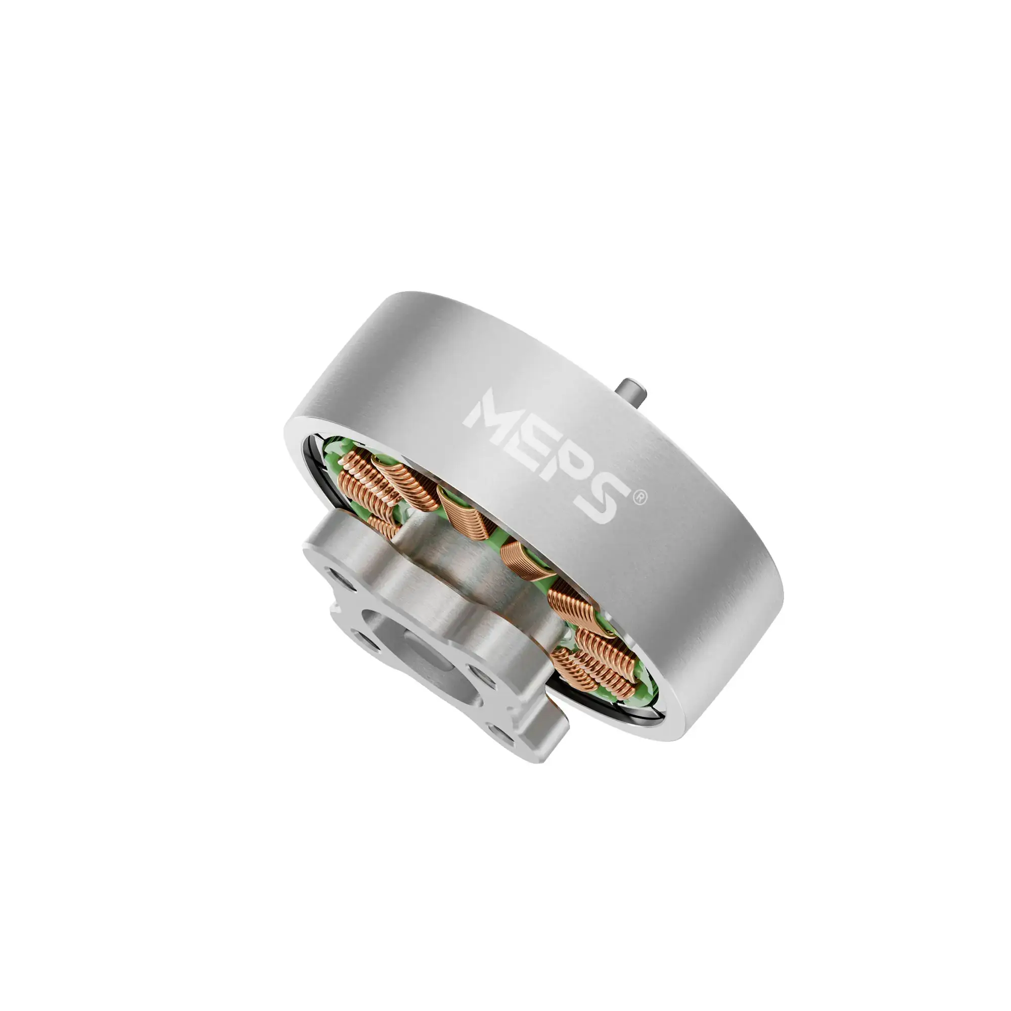 Gros plan sur le rotor du moteur MEPS SZ2004 V2 pour drone FPV, avec des pales en métal.