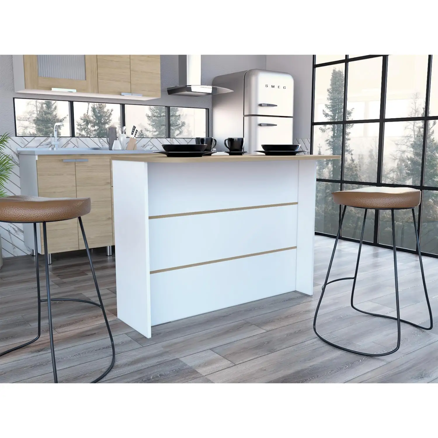 Fendi Kitchen Island with Ample Workstation and 2-Tier Shelf White / Light Pine