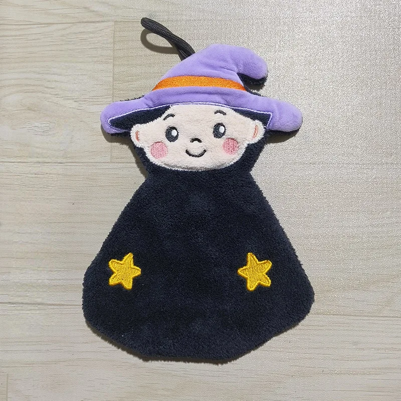 Black Cat Cartoon Hand Towel - Soft & Absorbent Coral Fleece for Kids - Halloween Pumpkin Design for Bathroom & Kitchen Use