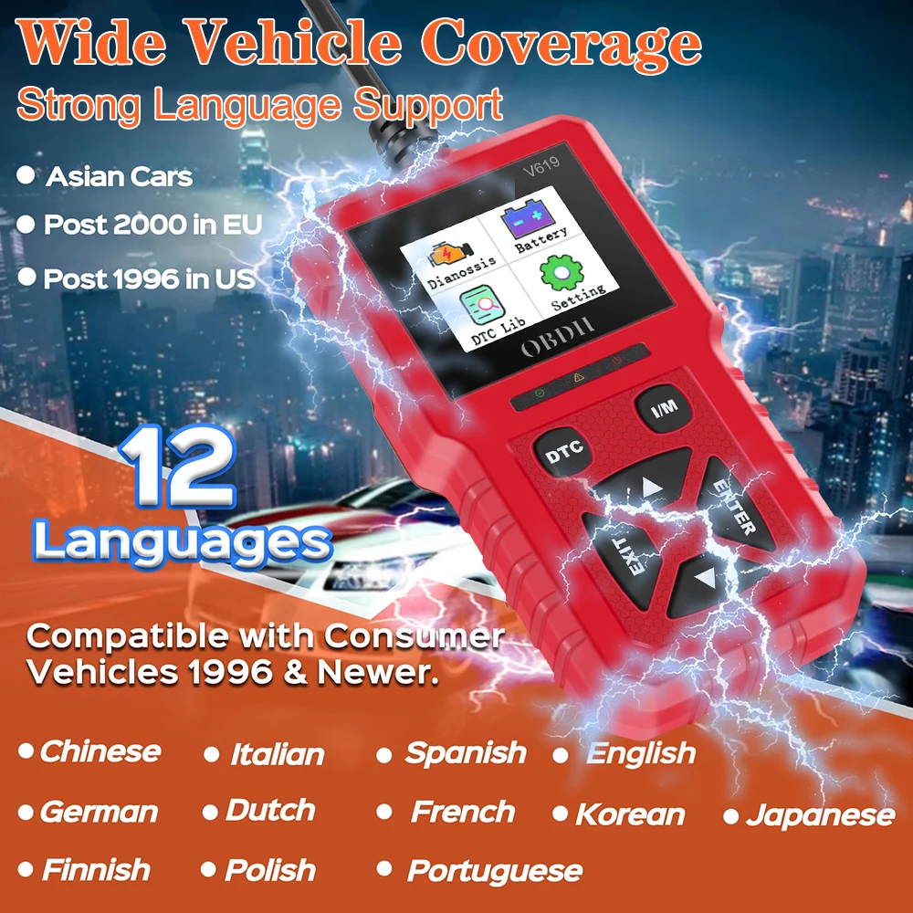 Car Diagnostic Tool Multi-language OBD2 Scanner Check Engine System Battery Tester V619 Read Vehicle Information Code Reader 6