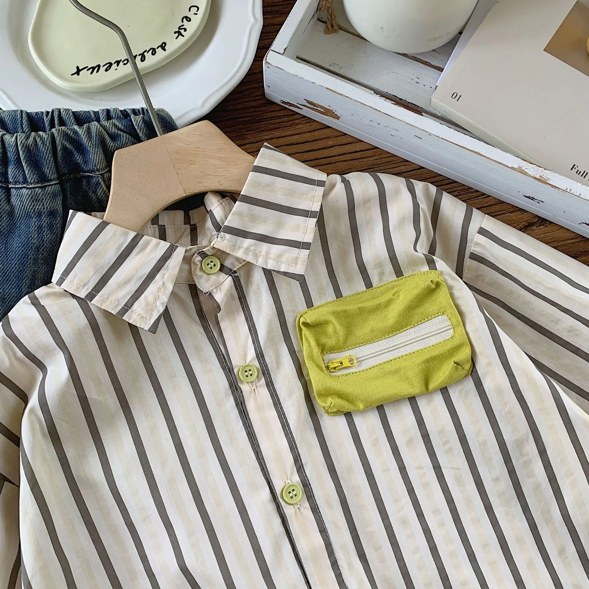 Spring Autumn Kids Boys Shirts Striped Spliced Cartoon Pocket Baby Boys Tops Cotton Long Sleeve Children Shirts
