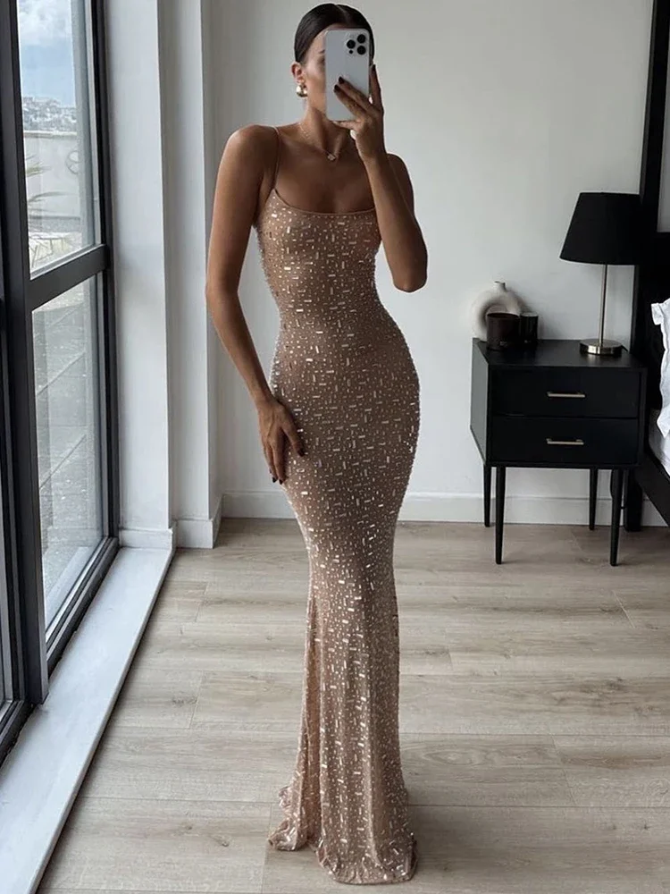 

Elegant Sequin Female Maxi Dress Fashion Glitter High Waist Bodycon Sexy Diamond Backless Spaghetti Strap Birthday Night Club Ou