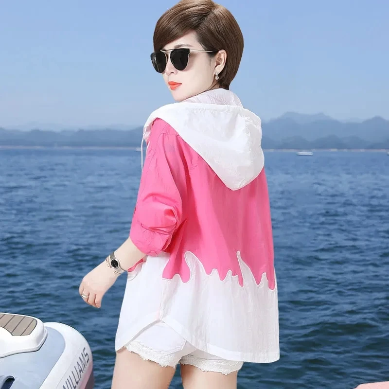 Summer Fashion Loose Sunscreen Clothing 2023 New Stitching Ladies Hooded Sun-protective Clothing UV Short Breathable Thin Coat