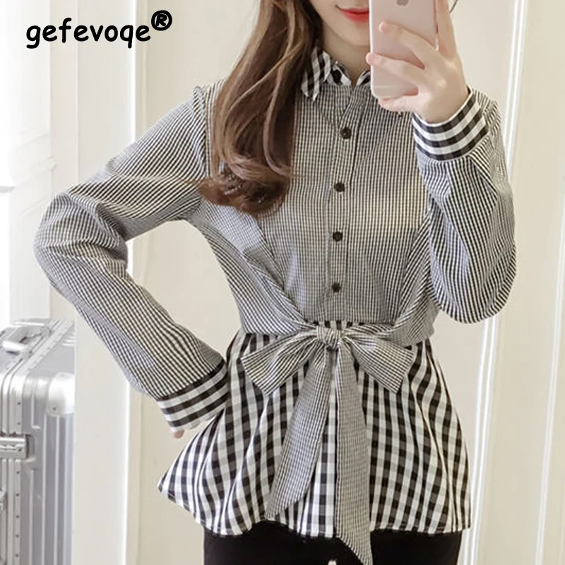 Women Korean Fashion Plaid Print Patchwork Elegant Shirts Casual Bow Lace Up Slim Chic Blouses Long Sleeve Tops Blusas De Mujer