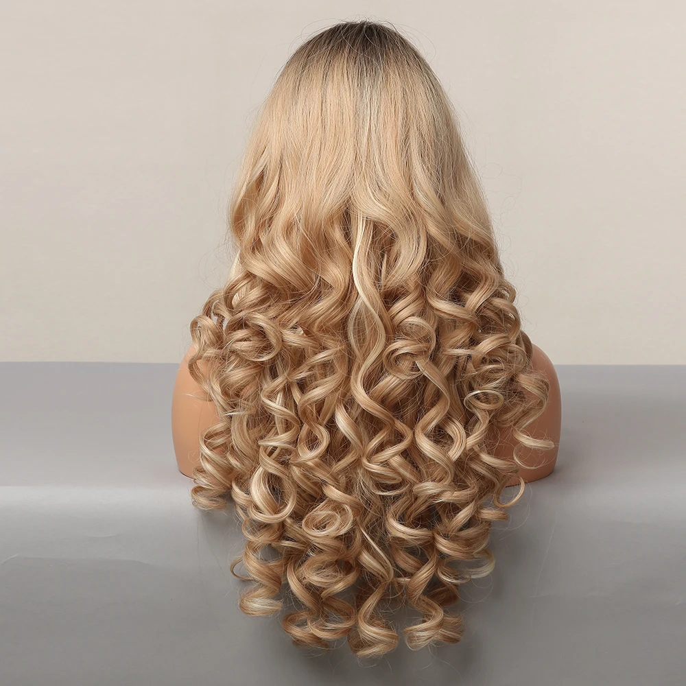 Più facile capelli Ombre marrone Champagne biondo evidenziare parrucche sintetiche lunghe onde sciolte con capelli finti resistenti al calore Bang per le donne