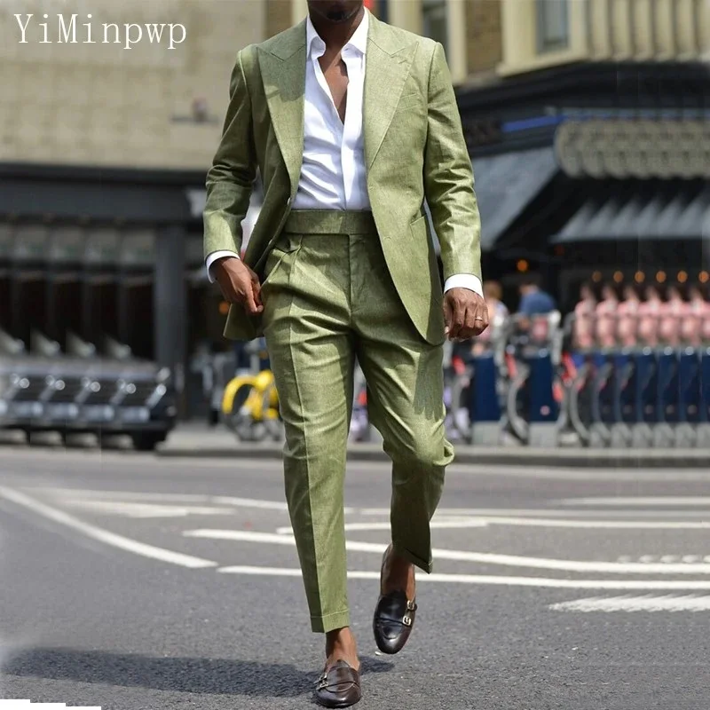 Summer Army Green Men Suits 2 Pieces Peaked Lapel Wedding Travel Daily Casual Suit Blazer Sets Costume Homme Jacket+Pants