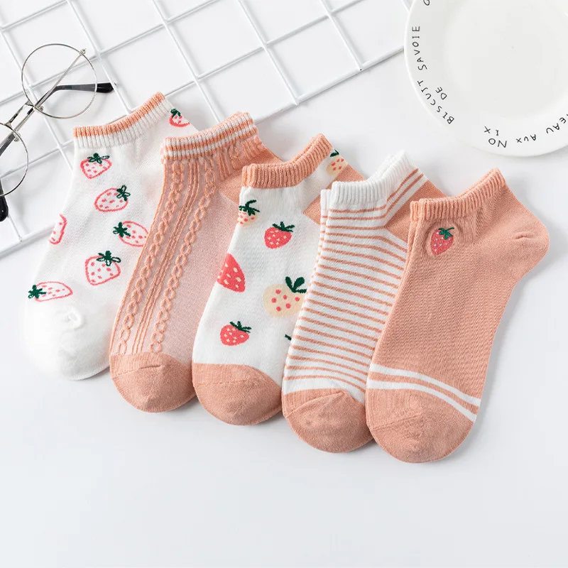 

5 Pairs/lot Cotton Fashion Elegant Cartoon Cute Girls Pink Strawberry Women Short Socks Female Low Cut Ankle Sox Summer Spring