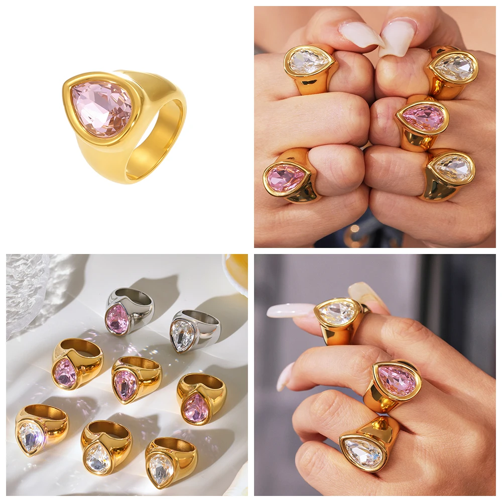 Ovaler Ring mit weißem und rosa Zirkon für Damen, neuer Ring aus 18 Karat vergoldetem Edelstahl für Mädchen, luxuriöser Schmuck, wasserdicht – Detail 1