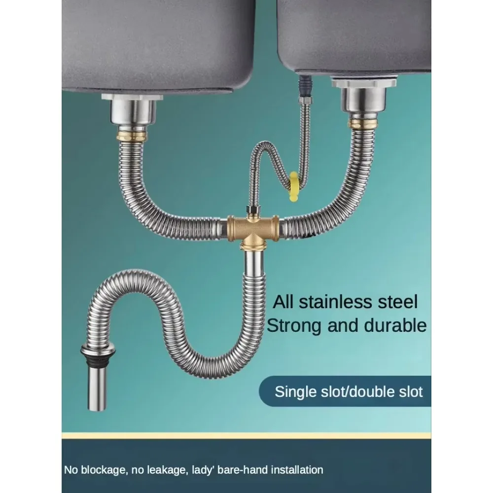 Stainless Steel Double Bowl Kitchen Sink Drain with Anti-Odor Pipe Copper Fittings and Sealing Ring Complete Drainage Kit