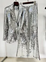 HIGH STREET Newest 2026 Stylish Designer Suit Set Women's Trim Single Button mesh Sequined Blazer  Pants Set - Image 2