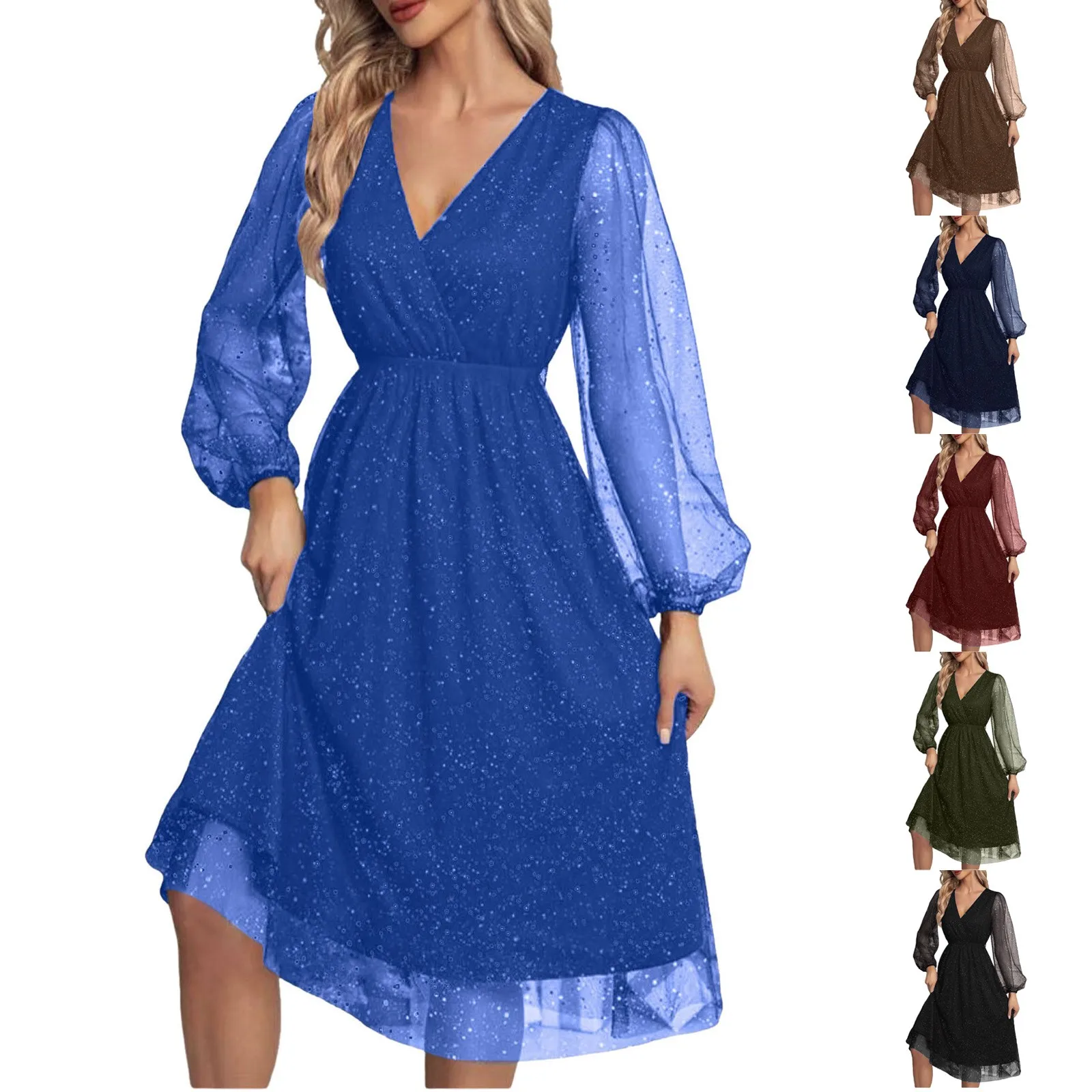 

2024 Women's Sparkly Sequin Long Dress V Neck Long Sleeve Glitter Bodycon Party Club Dresses Cute Summer Dresses