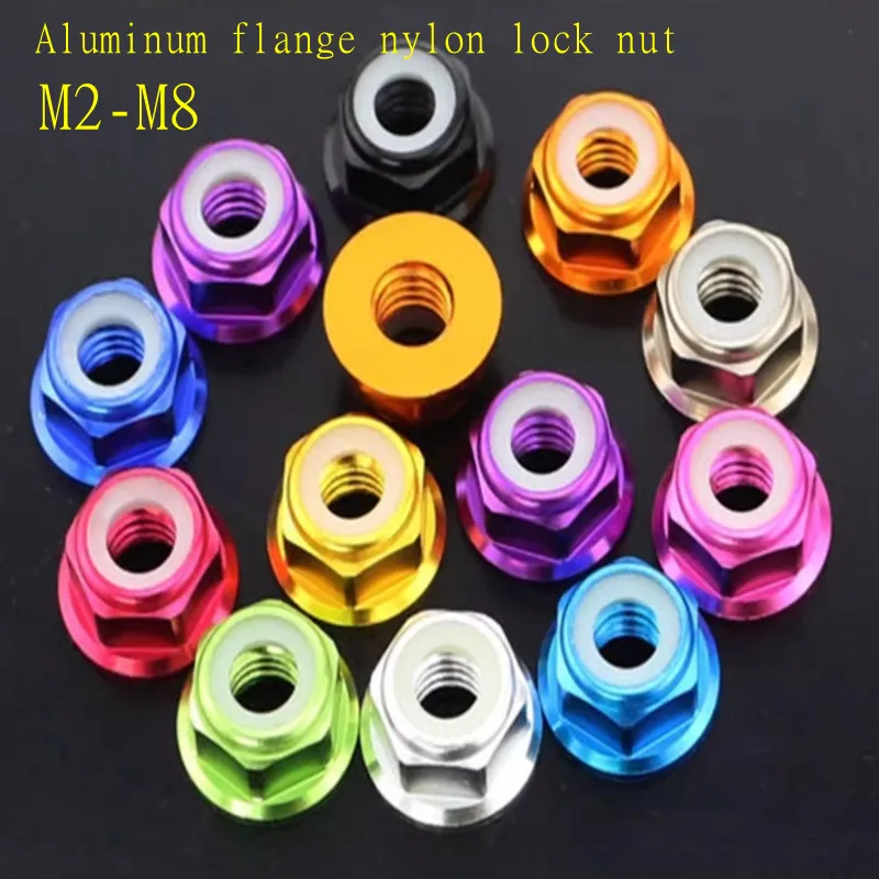 Nylon lock nut 2pcs-10pcs M2 M2.5 M3 M4 M5 M6 M8 Anodized colourful Aluminum Flange Nylon Lock Nut
