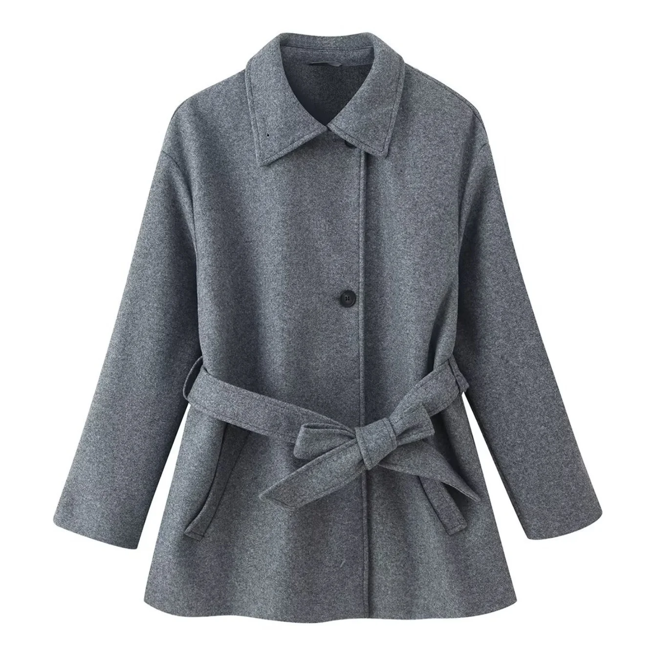 Women Fashion Casual Solid Woolen Coats Female Full Sleeve Turn-Down Collar With Belt Loose Jackets Autumn Winter Lady Outwears