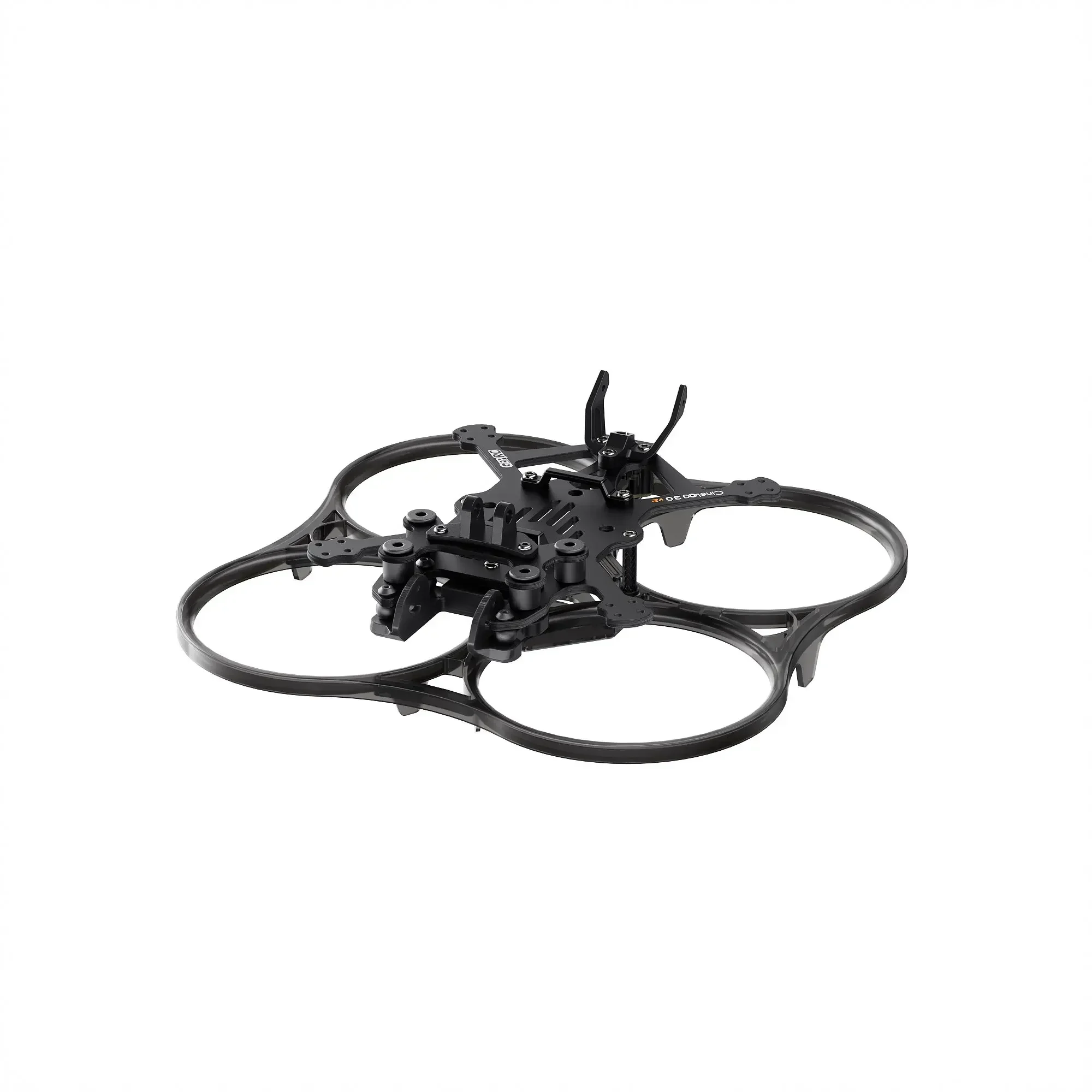 Cadre drone FPV GEP-CL30 V2 O3 en angle, avec les supports de moteur et l'emplacement pour la caméra O3.