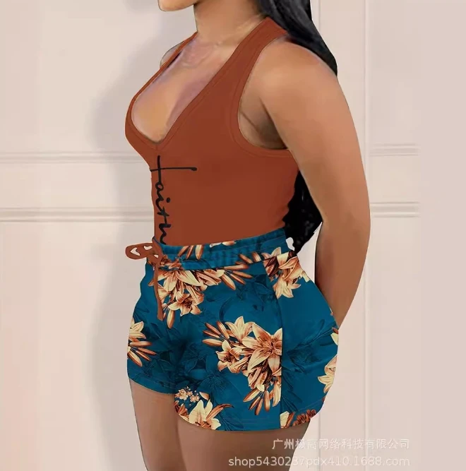 

Women's Fashion Suits 2024 Spring/summer Latest Elegant Style Casual Sexy V-Neck Sleepless Tank Top Printed Tight Shorts Set