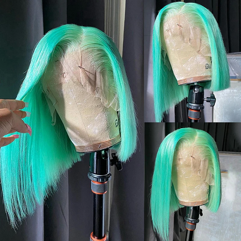 Green Colored Straight Short Bob Pixie Cut T Part HD Transparent Lace Wigs Human Hair 13X4 Frontal Wig For Woman Pre Plucked
