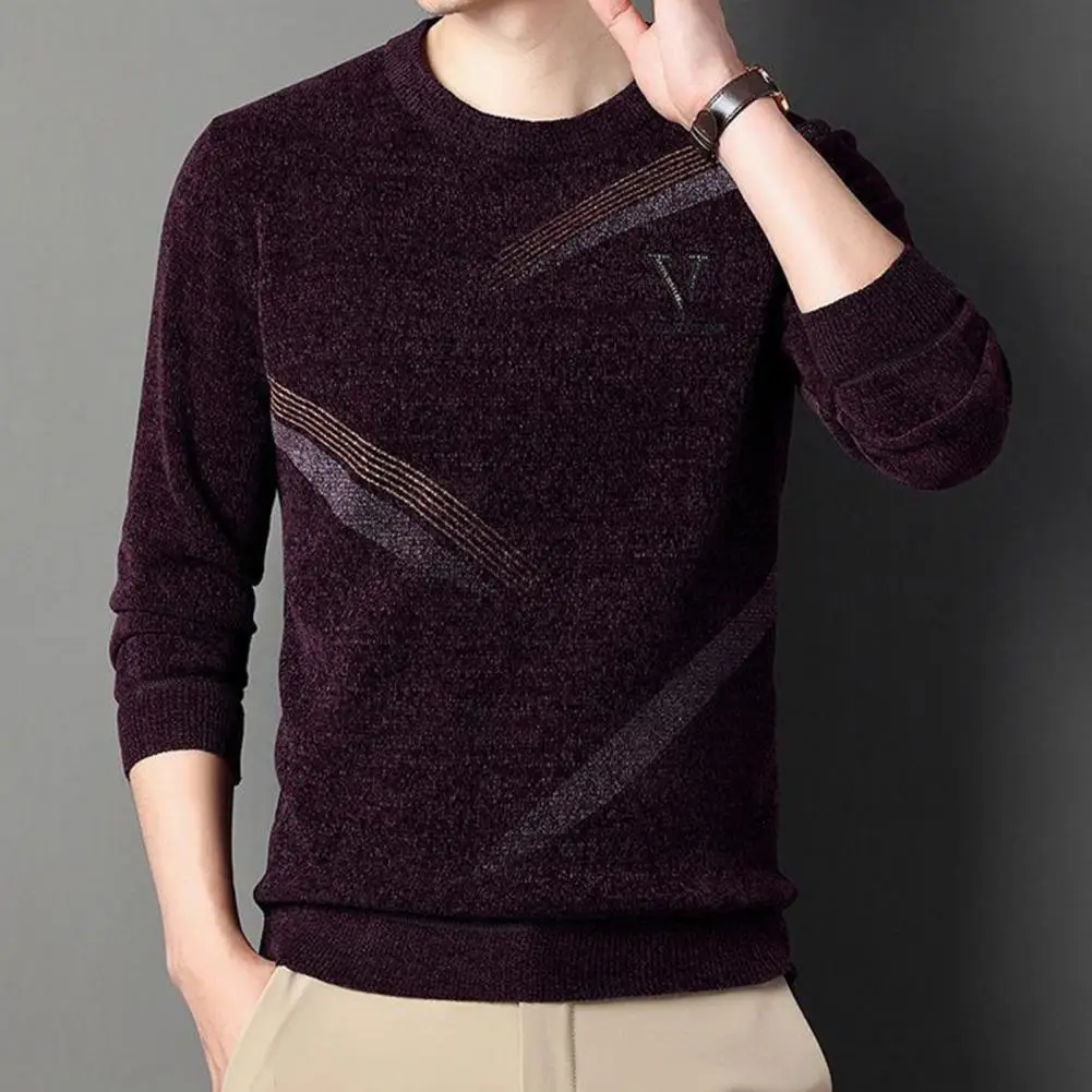цена Slim Fit Men Knit Top Thickened Plush Lining Men's Winter Sweater Slim Fit O-neck Long Sleeve Knitting Tops with Ribbed Trim