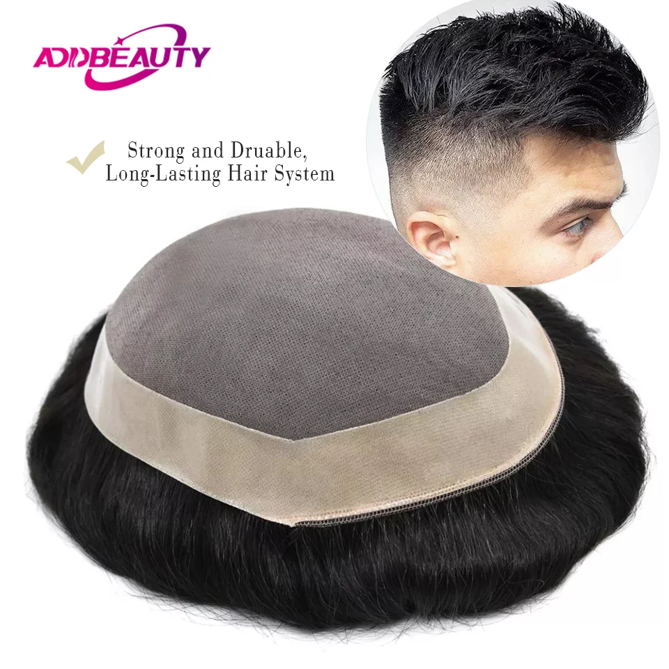 남성용 Toupee 인모 스트레이트 더블 매듭 헤어 시스템, 내구성 가발 유닛 모노, NPU 베이스 헤어 교체 시스템