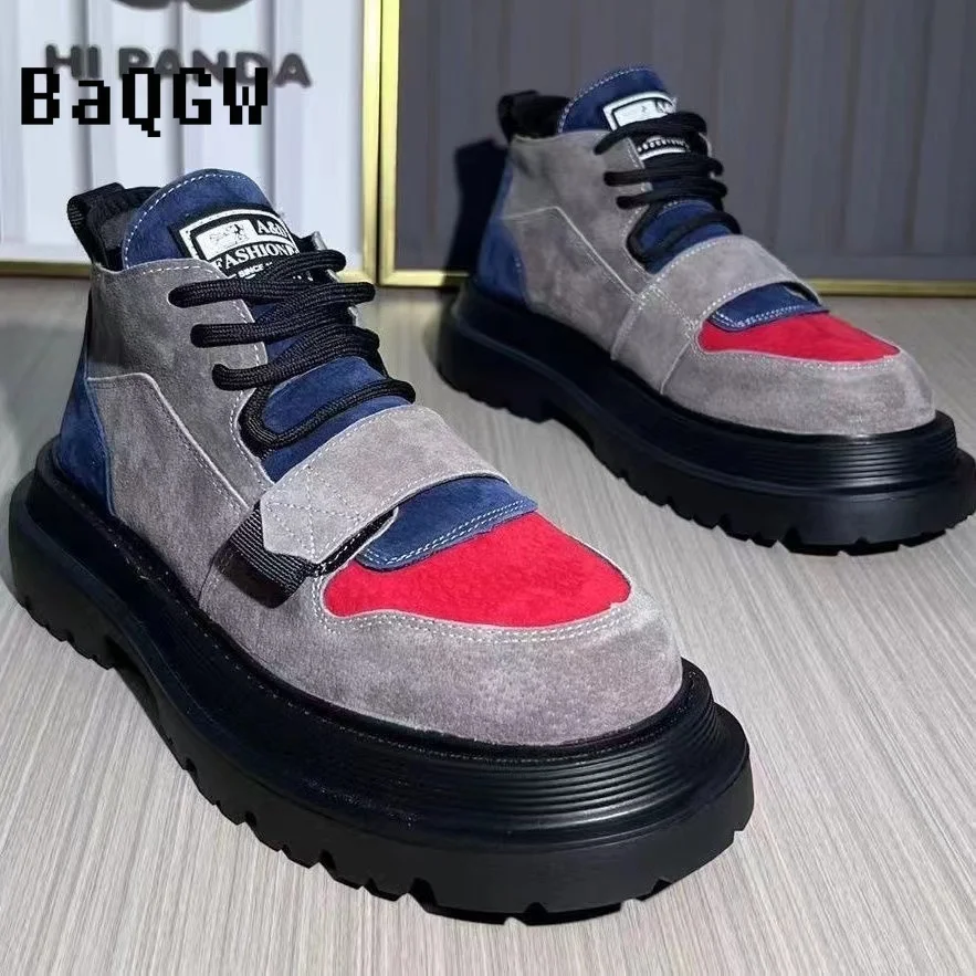 Outono Nova Marca Color Block Designer Gótico Motociclista Masculino Casual Couro Outdoor Sapatos Botas de Cano Baixo para Homens_voghion.com